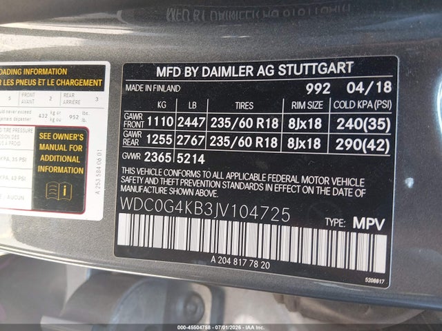 Aukcja sprzedaży 2018 Mercedes-benz Glc 300 4matic, vin: WDC0G4KB3JV104725, numer aukcji: 45504758