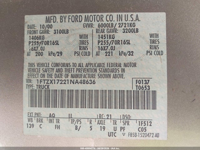 2001 Ford F-150 Xl/xlt მანქანა იყიდება აუქციონზე, vin: 1FTZX17221NA48636, აუქციონის ნომერი: 45504774