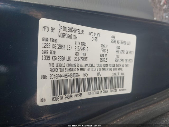 45504780 :رقم المزاد ، 2C4GP44R05R430599 vin ، 2005 Chrysler Town & Country Lx مزاد بيع
