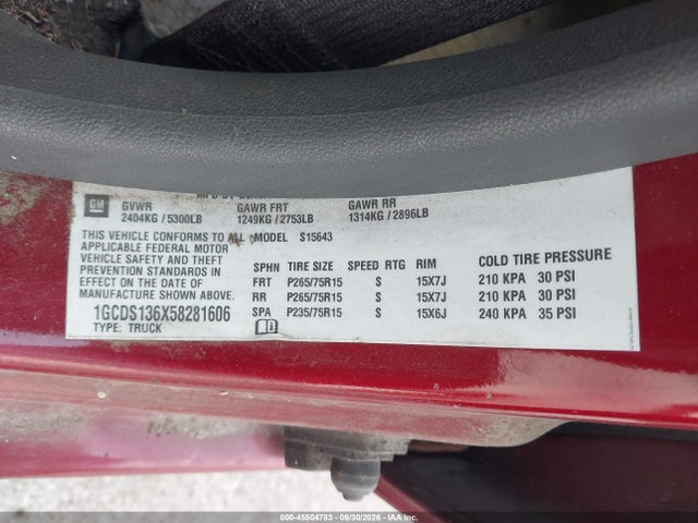 45504783 :رقم المزاد ، 1GCDS136X58281606 vin ، 2005 Chevrolet Colorado Ls مزاد بيع