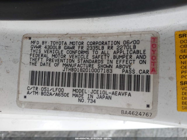 45504790 :رقم المزاد ، JTHBD182010007183 vin ، 2001 Lexus Is 300 مزاد بيع