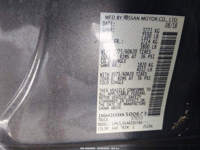 Aukcja sprzedaży 2019 Nissan Titan Sv, vin: 1N6AA1E68KN500673, numer aukcji: 45504808