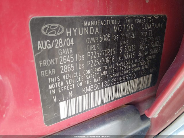Aukcja sprzedaży 2005 Hyundai Santa Fe Gls, vin: KM8SC13D25U866735, numer aukcji: 45504812