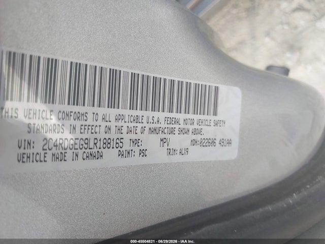 45504821 :رقم المزاد ، 2C4RDGEG9LR188165 vin ، 2020 Dodge Grand Caravan Gt مزاد بيع