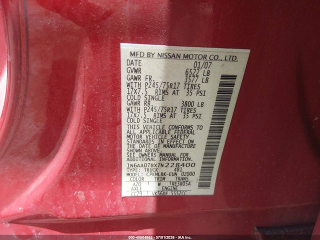 Продаж на аукціоні авто 2007 Nissan Titan Xe, vin: 1N6AA07BX7N228400, номер лоту: 45504865