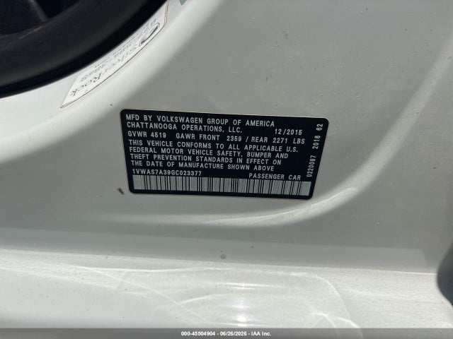 Aukcja sprzedaży 2016 Volkswagen Passat 1.8t S, vin: 1VWAS7A39GC023377, numer aukcji: 45504904