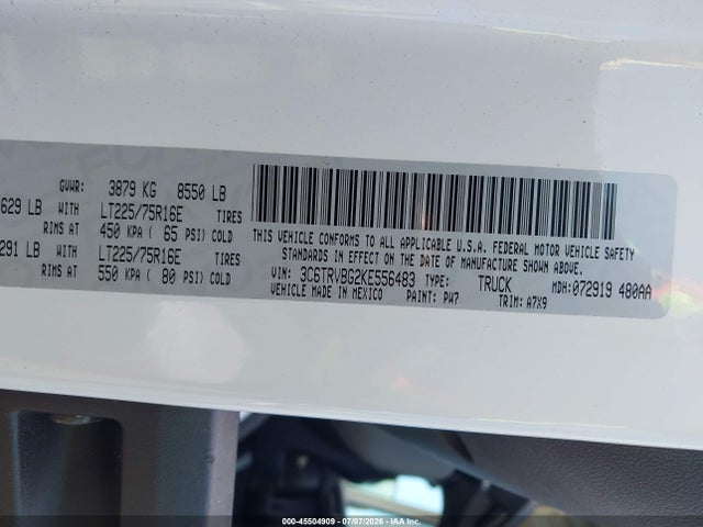45504909 :رقم المزاد ، 3C6TRVBG2KE556483 vin ، 2019 Ram Promaster 1500 High Roof 136 Wb مزاد بيع
