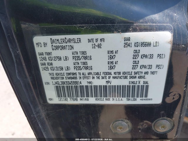 45504913 :رقم المزاد ، 1J4GL38K93W599814 vin ، 2003 Jeep Liberty Renegade مزاد بيع