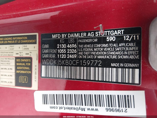 Aukcja sprzedaży 2012 Mercedes-benz E 350, vin: WDDKJ5KB0CF159772, numer aukcji: 45504925