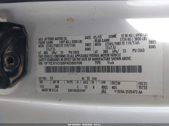 45504933 :رقم المزاد ، 1FTEX1CG5FKD50706 vin ، 2015 Ford F-150 Lariat/xl/xlt مزاد بيع