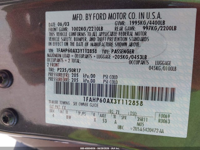 45504936 :رقم المزاد ، 1FAHP60AX3Y112858 vin ، 2003 Ford Thunderbird مزاد بيع