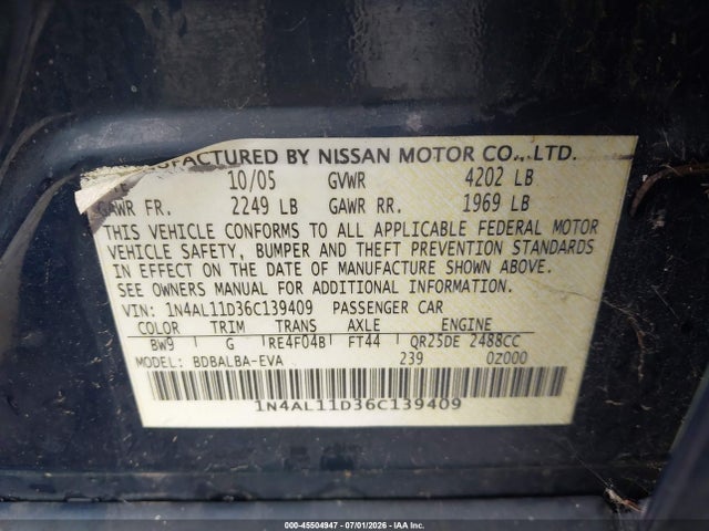 45504947 :رقم المزاد ، 1N4AL11D36C139409 vin ، 2006 Nissan Altima 2.5 S مزاد بيع