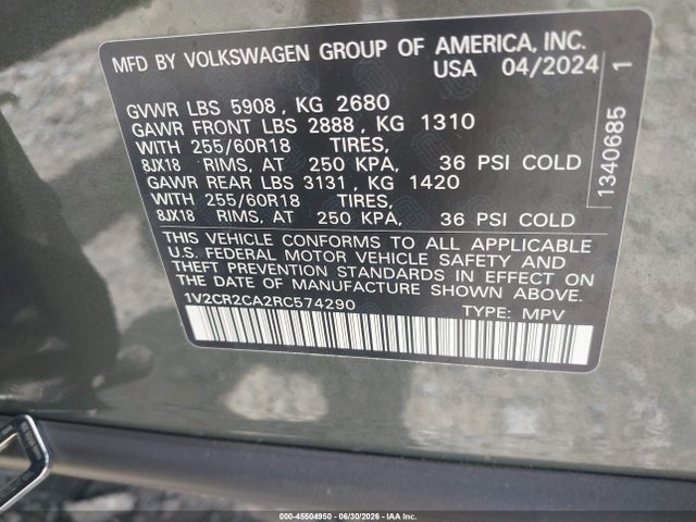 Продажа на аукционе авто 2024 Volkswagen Atlas 2.0t Peak Edition Se W/technology, vin: 1V2CR2CA2RC574290, номер лота: 45504950