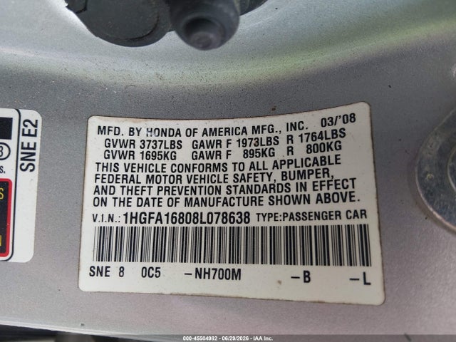Продажа на аукционе авто 2008 Honda Civic Ex, vin: 1HGFA16808L078638, номер лота: 45504982