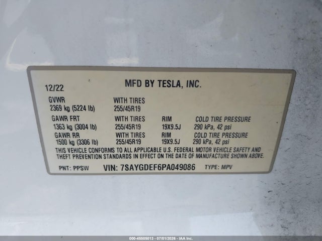 Продаж на аукціоні авто 2023 Tesla Model Y Performance Dual Motor All-wheel Drive, vin: 7SAYGDEF6PA049086, номер лоту: 45505013