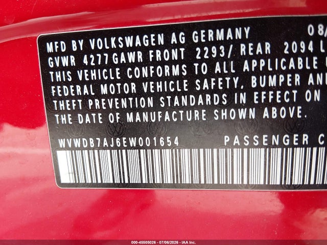 Продажа на аукционе авто 2014 Volkswagen Golf 2.5l (a6) (no Longer Orderable), vin: WVWDB7AJ6EW001654, номер лота: 45505026