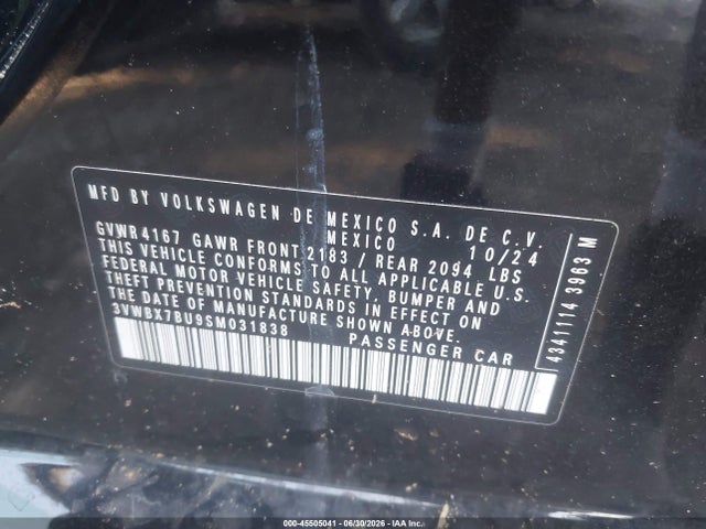 45505041 :رقم المزاد ، 3VWBX7BU9SM031838 vin ، 2025 Volkswagen Jetta 1.5t Sport مزاد بيع