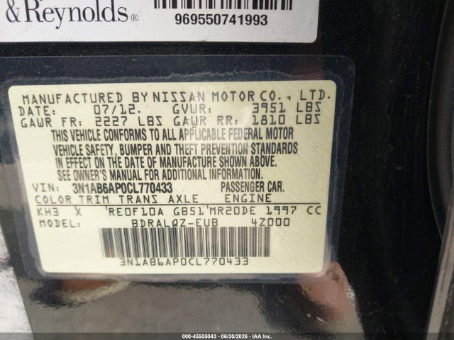 45505043 :رقم المزاد ، 3N1AB6AP0CL770433 vin ، 2012 Nissan Sentra 2.0 مزاد بيع