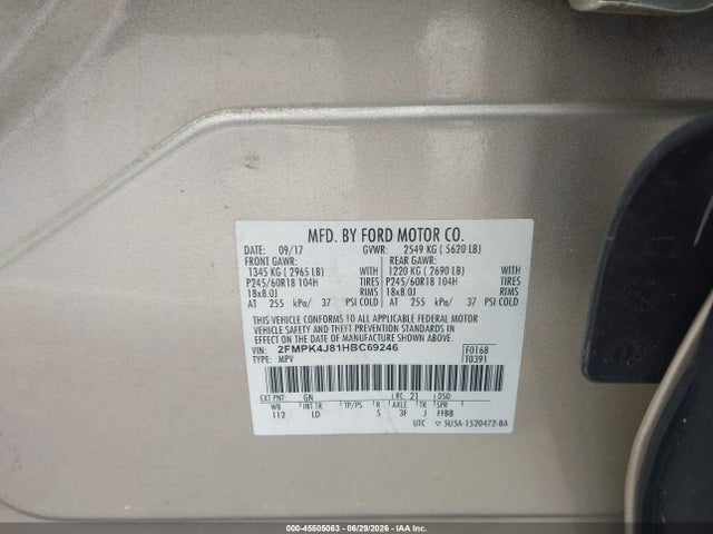 45505063 :رقم المزاد ، 2FMPK4J81HBC69246 vin ، 2017 Ford Edge Sel مزاد بيع