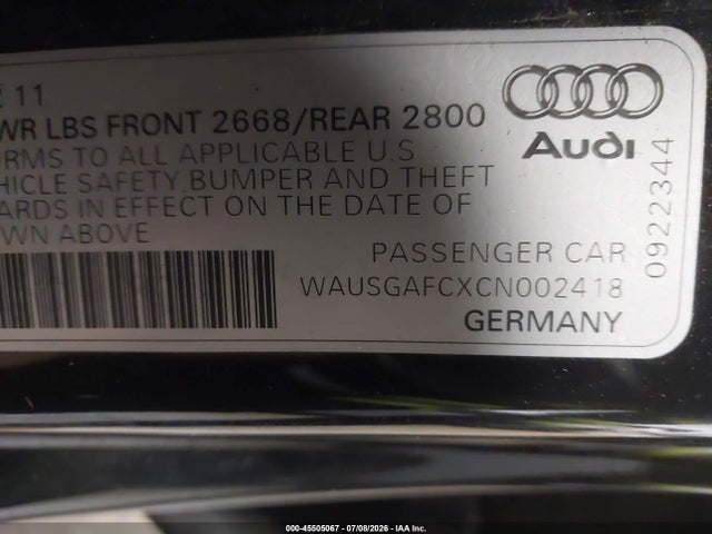45505067 :رقم المزاد ، WAUSGAFCXCN002418 vin ، 2012 Audi A7 3.0 Prestige مزاد بيع
