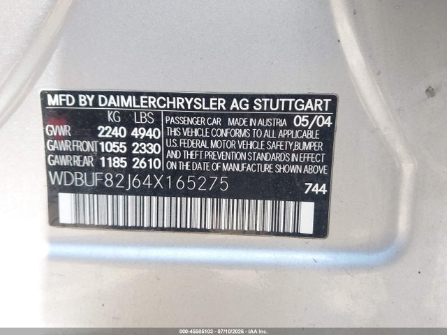 Продаж на аукціоні авто 2004 Mercedes-benz E 320 4matic, vin: WDBUF82J64X165275, номер лоту: 45505103