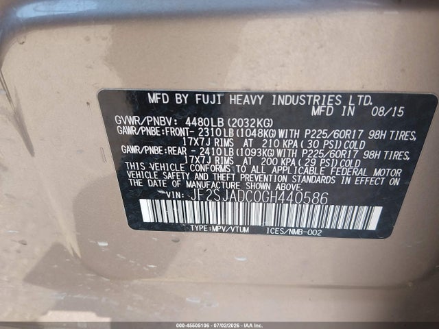 45505106 :رقم المزاد ، JF2SJADC0GH440586 vin ، 2016 Subaru Forester 2.5i Premium مزاد بيع