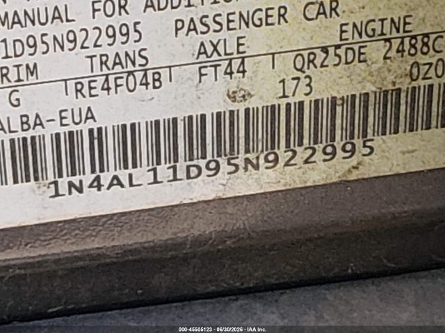 Aukcja sprzedaży 2005 Nissan Altima 2.5 S, vin: 1N4AL11D95N922995, numer aukcji: 45505123