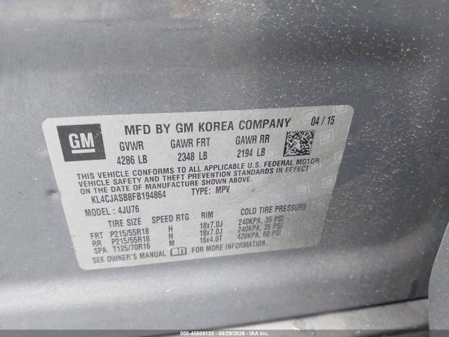 45505133 :رقم المزاد ، KL4CJASB8FB194864 vin ، 2015 Buick Encore مزاد بيع