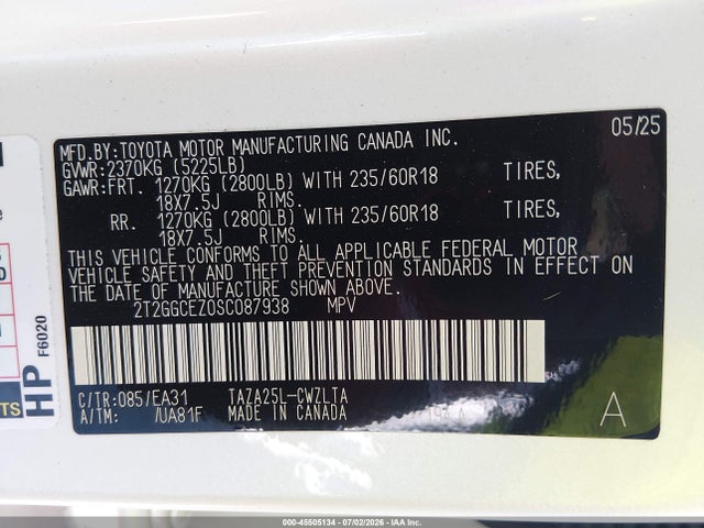 45505134 :رقم المزاد ، 2T2GGCEZ0SC087938 vin ، 2025 Lexus Nx 350 Premium مزاد بيع