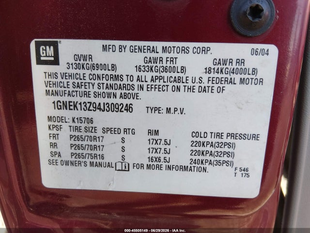 Aukcja sprzedaży 2004 Chevrolet Tahoe Lt, vin: 1GNEK13Z94J309246, numer aukcji: 45505149