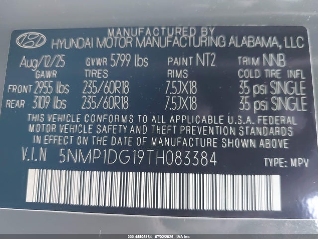 45505164 :رقم المزاد ، 5NMP1DG19TH083384 vin ، 2026 Hyundai Santa Fe Hybrid Se مزاد بيع
