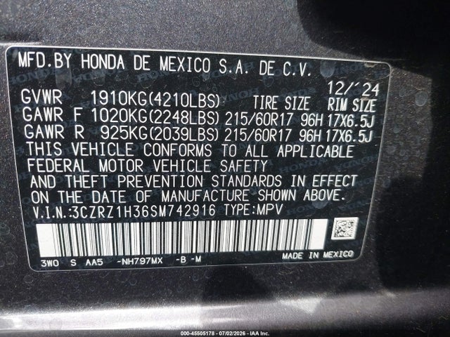 3CZRZ1H36SM742916 Honda Hr-v 2wd Lx