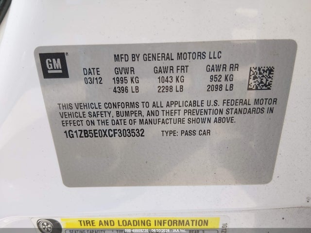 2012 Chevrolet Malibu Ls მანქანა იყიდება აუქციონზე, vin: 1G1ZB5E0XCF303532, აუქციონის ნომერი: 45505220