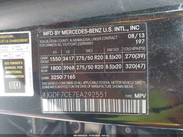 2014 Mercedes-benz Gl 450 4matic მანქანა იყიდება აუქციონზე, vin: 4JGDF7CE7EA292551, აუქციონის ნომერი: 45505230