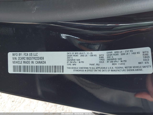 Aukcja sprzedaży 2026 Chrysler Pacifica Select, vin: 2C4RC1BG5TR222459, numer aukcji: 45505235