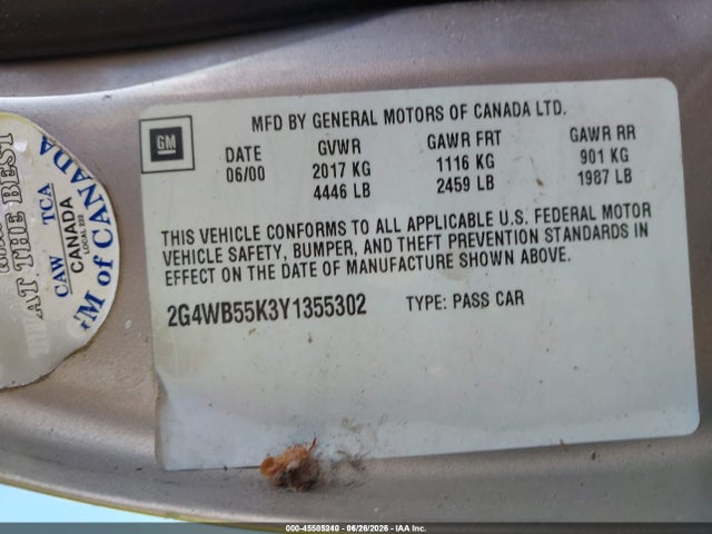 Продаж на аукціоні авто 2000 Buick Regal Ls, vin: 2G4WB55K3Y1355302, номер лоту: 45505240