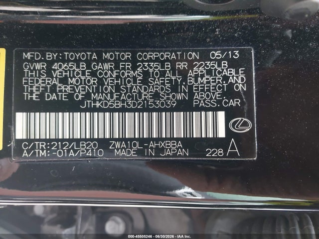 Продаж на аукціоні авто 2013 Lexus Ct 200h, vin: JTHKD5BH3D2153039, номер лоту: 45505246