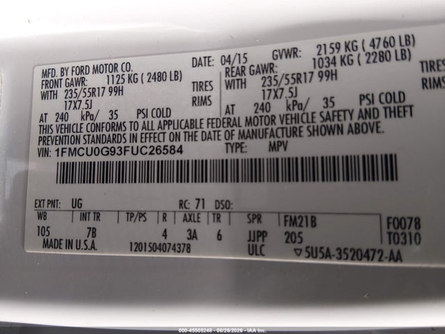 Ford ESCAPE SE 2015 1FMCU0G93FUC26584 Image 9