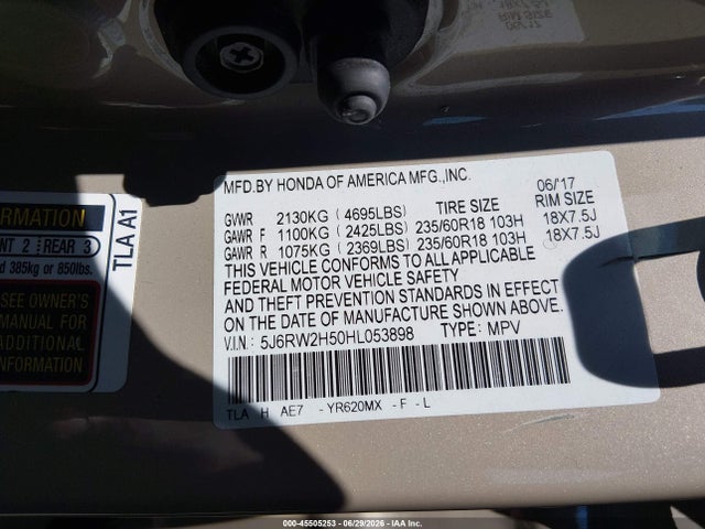 Продаж на аукціоні авто 2017 Honda Cr-v Ex, vin: 5J6RW2H50HL053898, номер лоту: 45505253