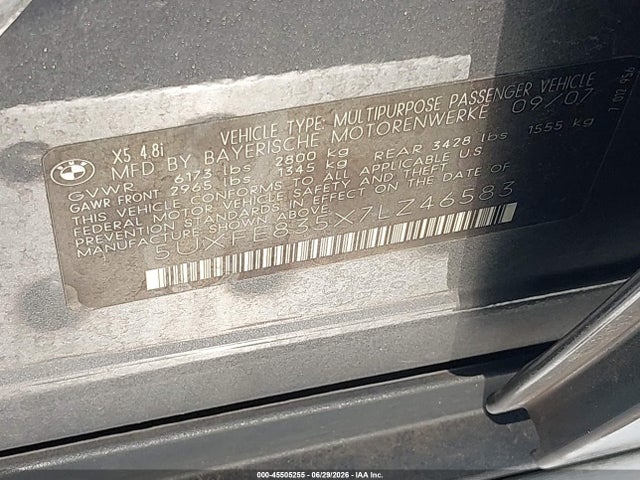 45505255 :رقم المزاد ، 5UXFE835X7LZ46583 vin ، 2007 Bmw X5 4.8i مزاد بيع