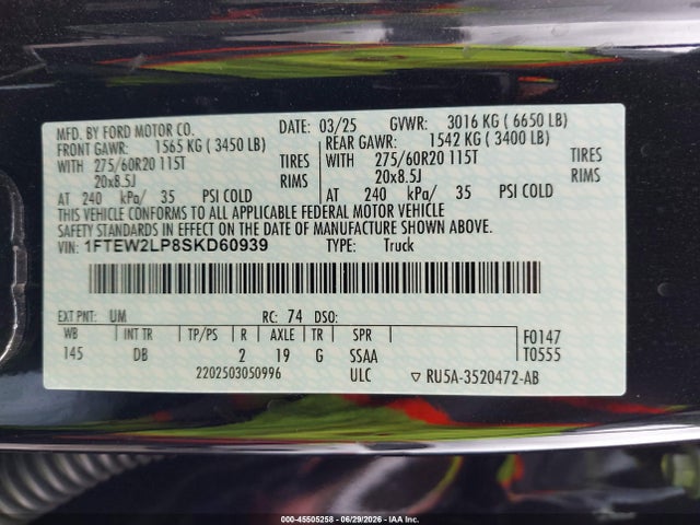 45505258 :رقم المزاد ، 1FTEW2LP8SKD60939 vin ، 2025 Ford F-150 Stx مزاد بيع