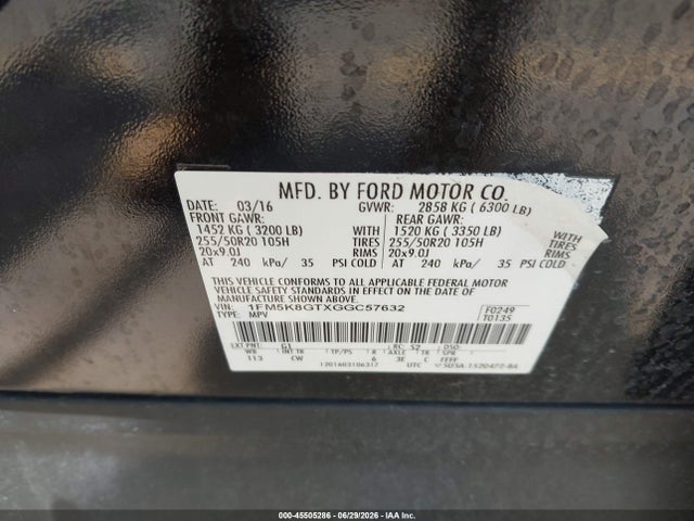 Ford EXPLORER SPORT 2016 1FM5K8GTXGGC57632 Image 9