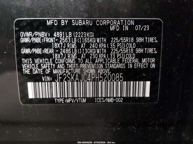 Aukcja sprzedaży 2023 Subaru Forester Sport, vin: JF2SKAJC4PH520085, numer aukcji: 45505298