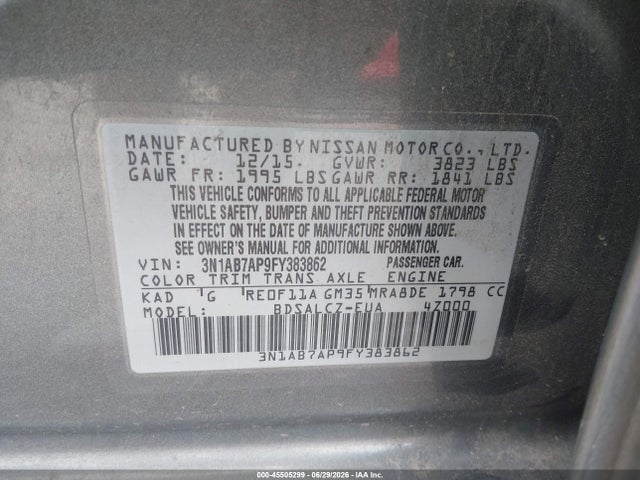 Aukcja sprzedaży 2015 Nissan Sentra S, vin: 3N1AB7AP9FY383862, numer aukcji: 45505299