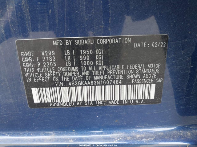 45505311 :رقم المزاد ، 4S3GKAA63N1607464 vin ، 2022 Subaru Impreza Base مزاد بيع