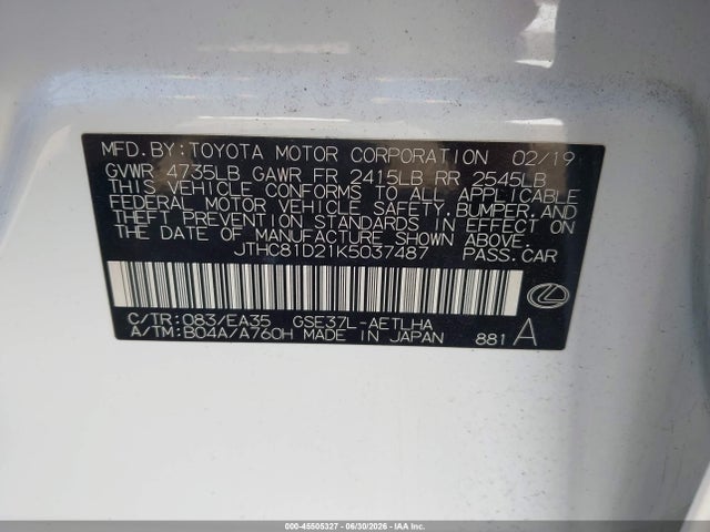 Продаж на аукціоні авто 2019 Lexus Is 300, vin: JTHC81D21K5037487, номер лоту: 45505327