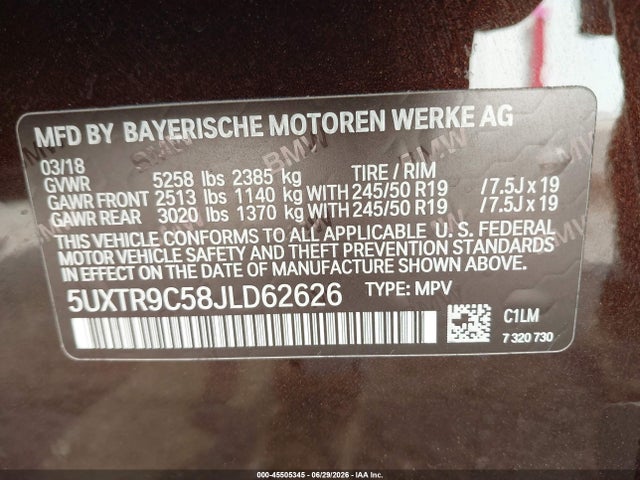 2018 Bmw X3 Xdrive30i მანქანა იყიდება აუქციონზე, vin: 5UXTR9C58JLD62626, აუქციონის ნომერი: 45505345