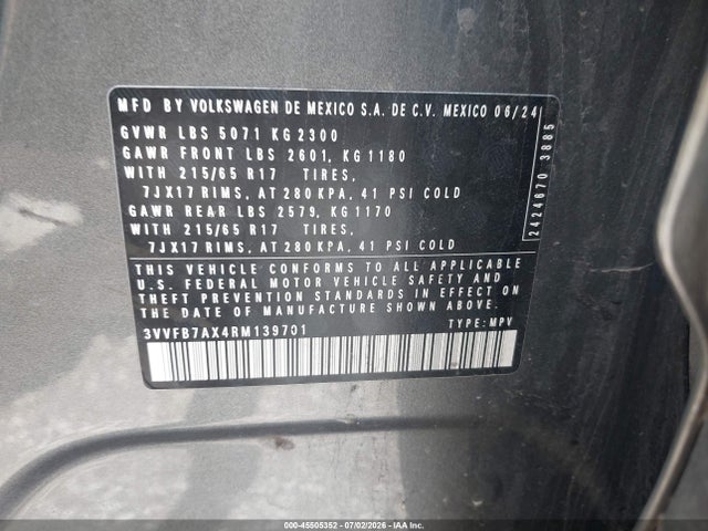 Aukcja sprzedaży 2024 Volkswagen Tiguan 2.0t S, vin: 3VVFB7AX4RM139701, numer aukcji: 45505352