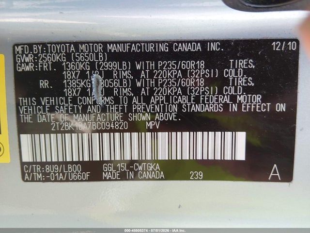 Auction sale of the 2011 Lexus Rx 350, vin: 2T2BK1BA7BC094820, lot number: 45505374