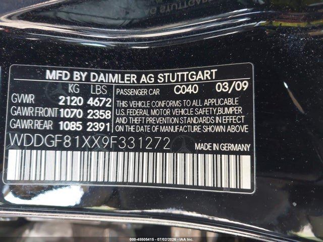 45505415 :رقم المزاد ، WDDGF81XX9F331272 vin ، 2009 Mercedes-benz C 300 Luxury 4matic/sport 4matic مزاد بيع